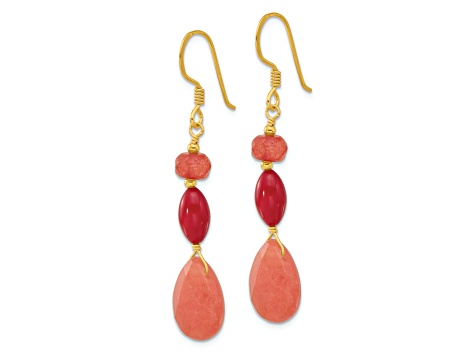 14K Gold Over Sterling Silver Coral and Jadeite Dangle Earrings