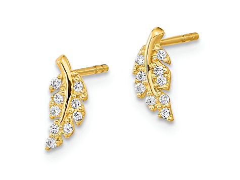 14K Yellow Gold Polished Leaf CZ Post Earrings