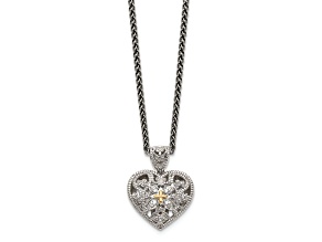 Sterling Silver Antiqued with 14K Accent Diamond Vintage Heart Necklace