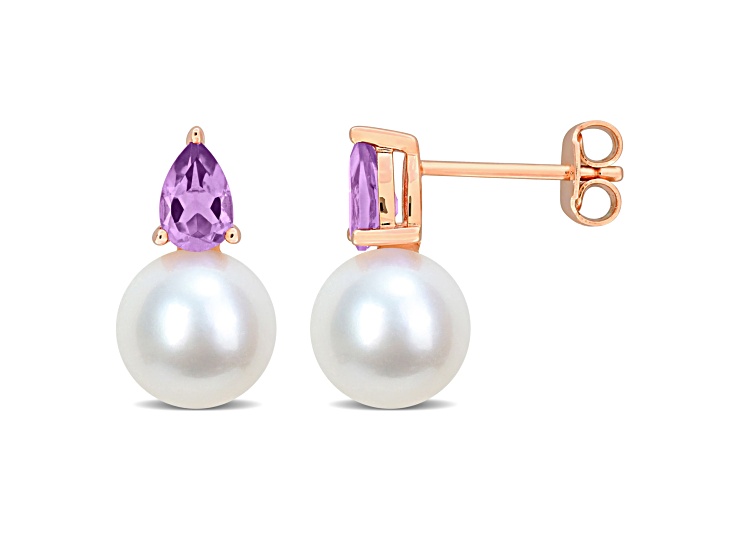 8.5-9MM FW Cultured Pearl and 3/4 CT TGW Amethyst Earrings in Rose Plated Sterling Silver