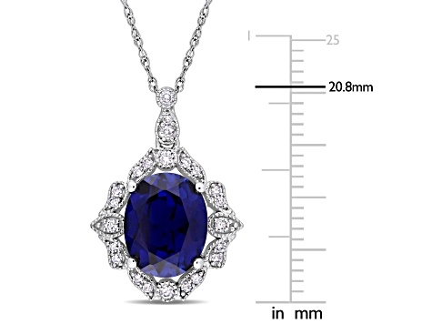 Lab Created Blue Sapphire and White Diamond 10k White Gold Pendant With Chain 4.32ctw