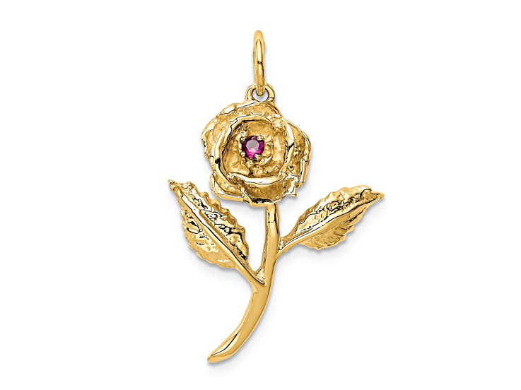 10k Yellow Gold Textured Red Cubic Zirconia January Birthstone Rose Charm