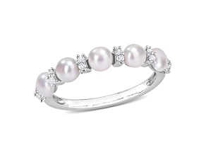 3.5-4MM Freshwater Cultured Pearl and 1/8 CT TGW White Topaz Semi Eternity Ring in Sterling Silver