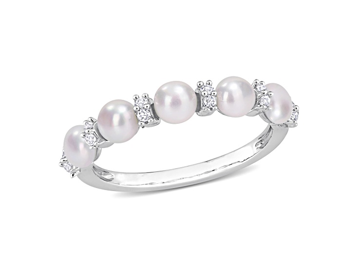 3.5-4MM Freshwater Cultured Pearl and 1/8 CT TGW White Topaz Semi Eternity Ring in Sterling Silver