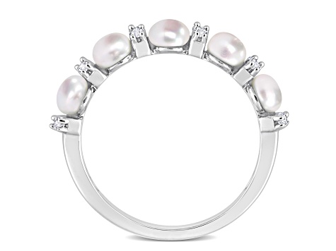 3.5-4MM Freshwater Cultured Pearl and 1/8 CT TGW White Topaz Semi Eternity Ring in Sterling Silver