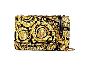 Versace Virtus Barocco Print Quilted Black and Gold Silk Shoulder Bag