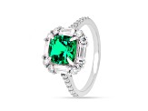 Lab Created Emerald and Moissanite Rhodium Over Sterling Silver Halo Design Ring