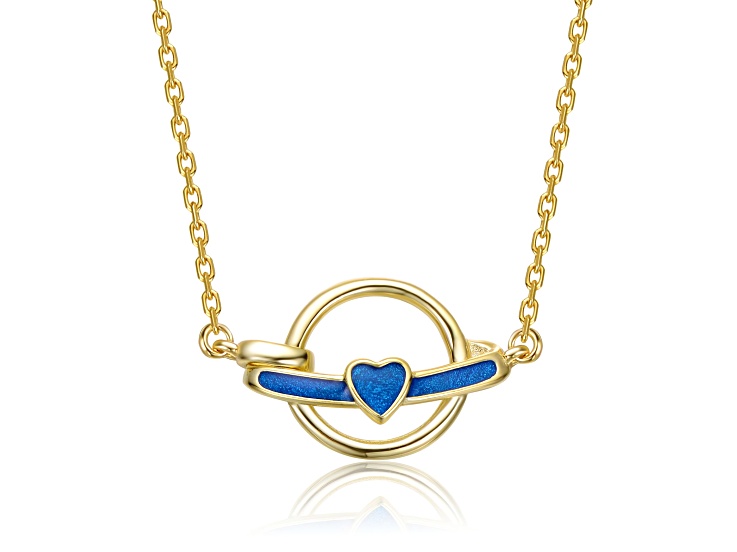 Blue Enamel, 14K Gold Plated over Brass with Intertwined Rings Heart Necklace For Kids