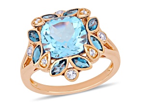 4.80ctw London Blue, Sky Blue and White Topaz Floral Ring in 18K Rose Gold Over Sterling Silver