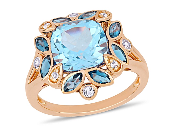 4.80ctw London Blue, Sky Blue and White Topaz Floral Ring in 18K Rose Gold Over Sterling Silver