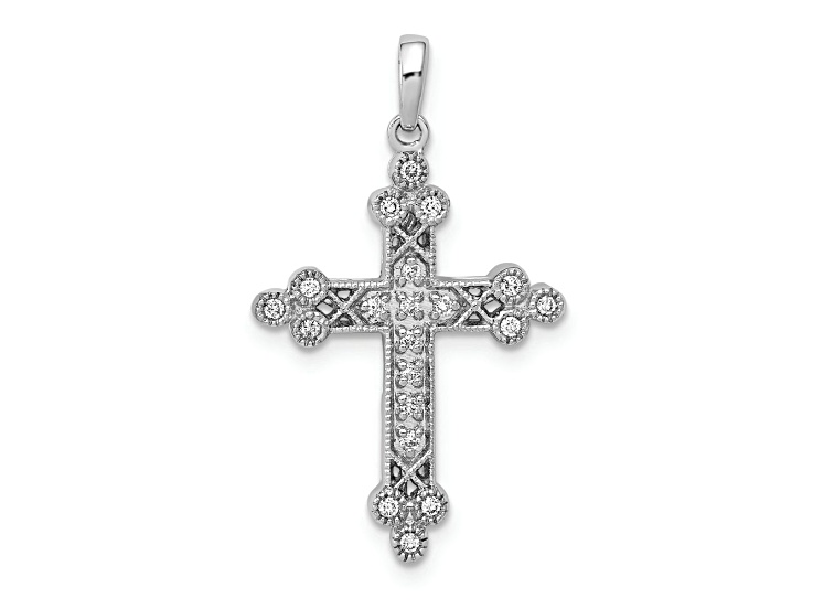 Rhodium Over 14k White Gold Diamond Filigree Budded Cross Pendant