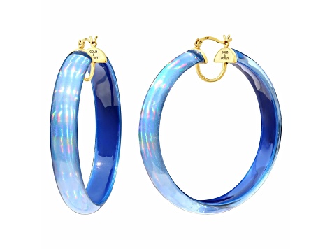 14K Yellow Gold Over Sterling Silver Large Iridescent Acrylic Hoops in Blue