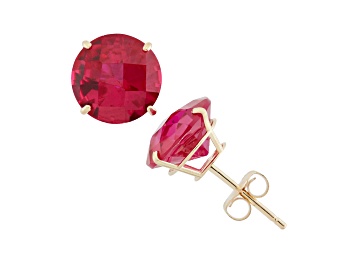 Picture of Red Lab Created Ruby Round 10K Yellow Gold Stud Earrings 4.60ctw