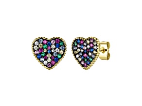 Multi-Colored Cubic Zirconia, 14k Gold Plated over Brass Pave Heart Stud Earrings