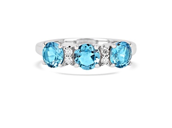 Picture of Rhodium Over Sterling Silver Round Blue Topaz and Round Moissanite 3-Stone Ring 1.80ctw