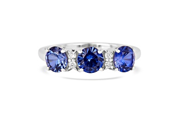Picture of Rhodium Over Sterling Silver Round Lab Created Blue Sapphire and Moissanite 3-Stone Ring 1.80ctw