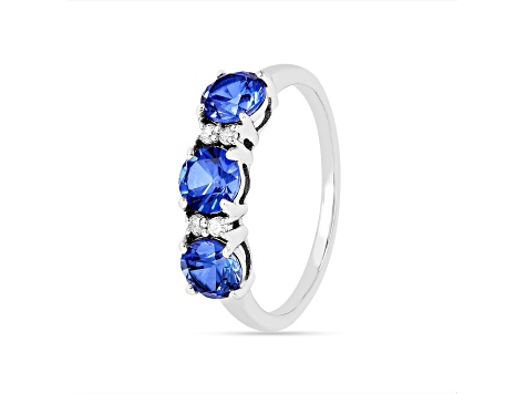Rhodium Over Sterling Silver Round Lab Created Blue Sapphire and Moissanite 3-Stone Ring 1.80ctw