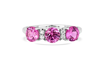 Picture of Rhodium Over Sterling Silver Round Lab Created Pink Sapphire and Moissanite 3-Stone Ring 1.80ctw