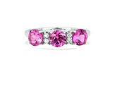Rhodium Over Sterling Silver Round Lab Created Pink Sapphire and Moissanite 3-Stone Ring 1.80ctw