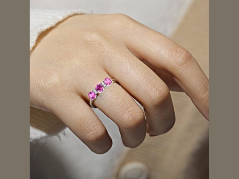 Rhodium Over Sterling Silver Round Lab Created Pink Sapphire and Moissanite 3-Stone Ring 1.80ctw