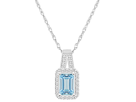 6x4mm Emerald Cut Aquamarine 1/8 ctw Diamond Rhodium Over Sterling Silver Halo Pendant with Chain