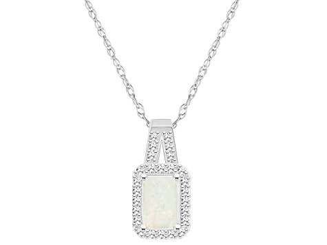 6x4mm Emerald Cut Opal 1/8 ctw Diamond Rhodium Over Sterling Silver Halo Pendant with Chain