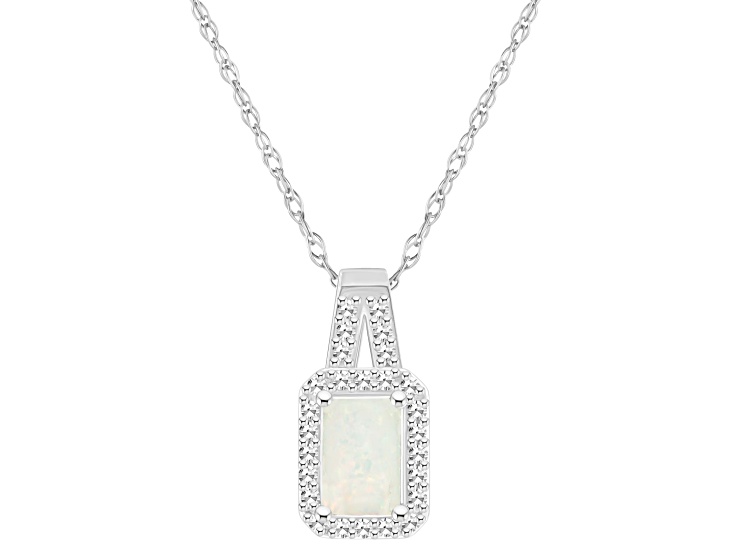 6x4mm Emerald Cut Opal 1/8 ctw Diamond Rhodium Over Sterling Silver Halo Pendant with Chain