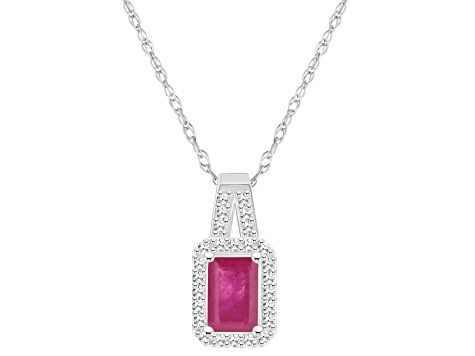 6x4mm Emerald Cut Ruby 1/8 ctw Diamond Rhodium Over Sterling Silver Halo Pendant with Chain