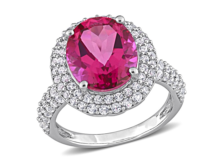 7 1/7 CT TGW Pink Topaz and Created White Sapphire Double Halo Cocktail Ring in Sterling Silver