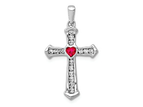 Rhodium Over 10k White Gold Heart Cross Pendant with 0.13 ctw Ruby and 0.20 ctw Diamond