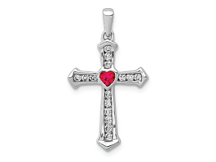 Rhodium Over 10k White Gold Heart Cross Pendant with 0.13 ctw Ruby and 0.20 ctw Diamond