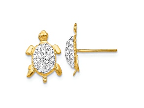 14k Yellow Gold Textured Crystal White Turtle Stud Earrings