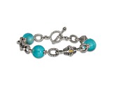 Sterling Silver with 14K Gold Over Sterling Silver Accent Oxidized Reconstructed Turquoise Bracelet