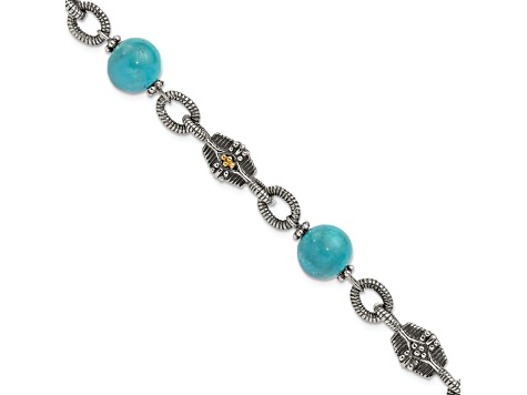 Sterling Silver with 14K Gold Over Sterling Silver Accent Oxidized Reconstructed Turquoise Bracelet