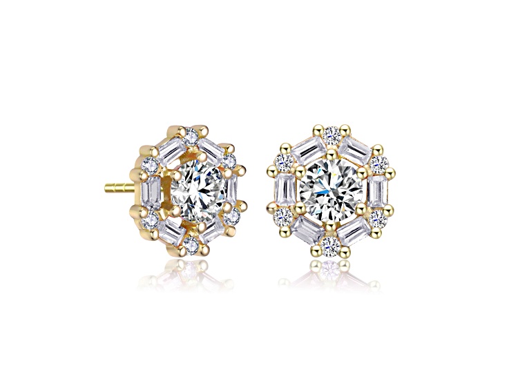Clear Cubic Zirconia, 14k Gold Plated over Brass Halo Stud Earrings