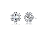 Clear Cubic Zirconia, Rhodium Plated over Brass Halo Stud Earrings