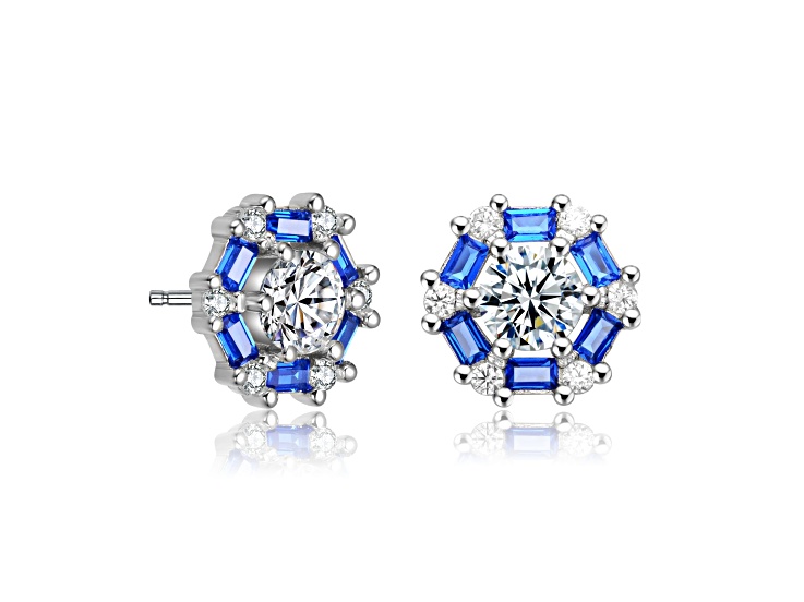 Sapphire Blue Cubic Zirconia, Rhodium Plated over Brass Halo Stud Earrings
