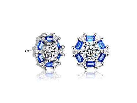 Sapphire Blue Cubic Zirconia, Rhodium Plated over Brass Halo Stud Earrings
