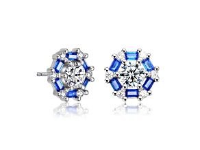 Sapphire Blue Cubic Zirconia, Rhodium Plated over Brass Halo Stud Earrings