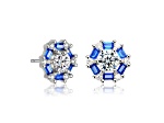 Sapphire Blue Cubic Zirconia, Rhodium Plated over Brass Halo Stud Earrings