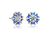 Sapphire Blue Cubic Zirconia, Rhodium Plated over Brass Halo Stud Earrings