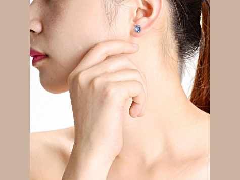 Sapphire Blue Cubic Zirconia, Rhodium Plated over Brass Halo Stud Earrings