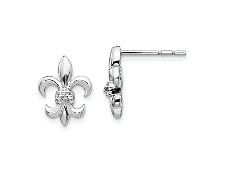 Rhodium Over 14k White Gold Diamond Fleur De Lis Stud