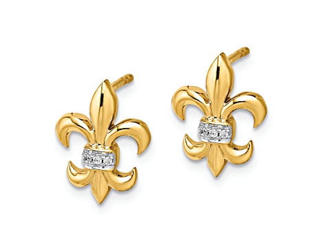 Rhodium Over 14k White Gold Diamond Fleur De Lis Stud Earrings