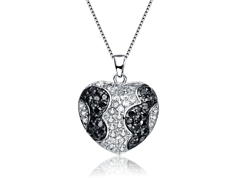 Black and Clear Cubic Zirconia, Rhodium Plated over Sterling Silver Pave Heart Necklace