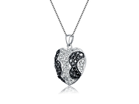 Black and Clear Cubic Zirconia, Rhodium Plated over Sterling Silver Pave Heart Necklace