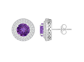 Picture of 7mm Round Amethyst And White Topaz Accent Rhodium Over Sterling Silver Double Halo Stud Earrings