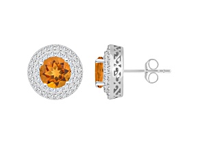 7mm Round Citrine And White Topaz Accent Rhodium Over Sterling Silver Double Halo Stud Earrings
