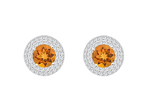 7mm Round Citrine And White Topaz Accent Rhodium Over Sterling Silver Double Halo Stud Earrings