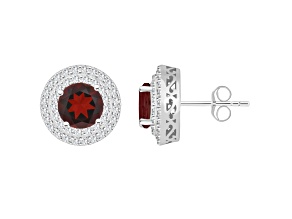 7mm Round Garnet And White Topaz Accent Rhodium Over Sterling Silver Double Halo Stud Earrings